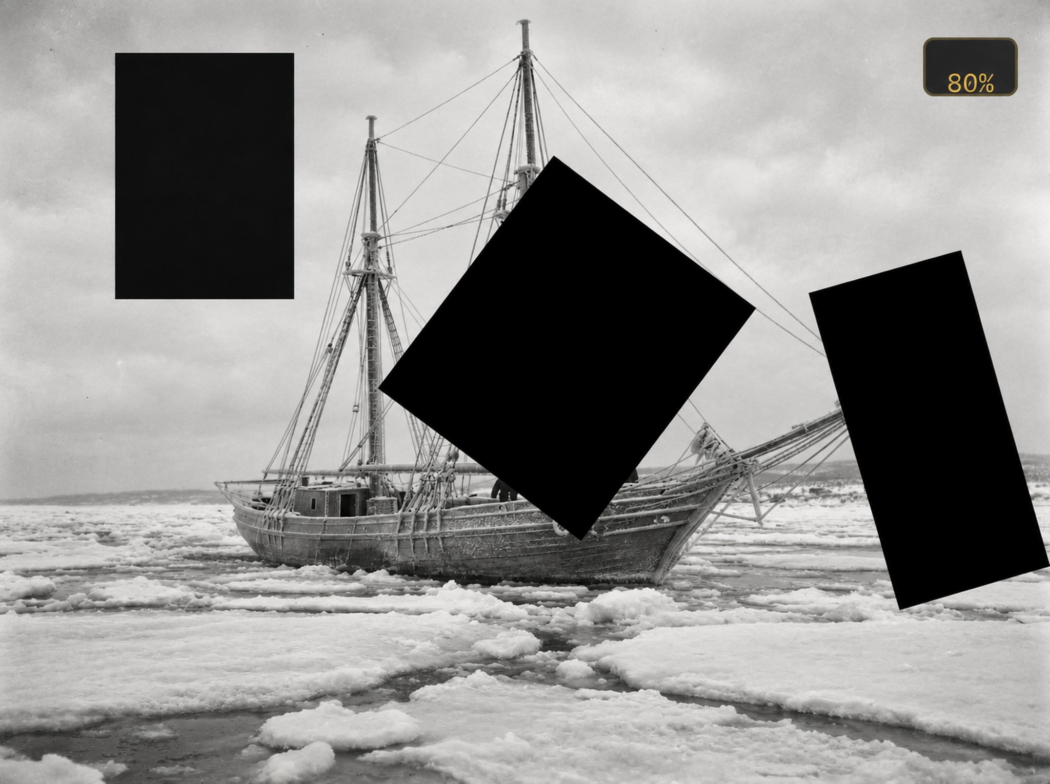 Data Missing 2 by Jamie Bradbury — an icebound ship interrupted by black shapes and an 80 percent indicator